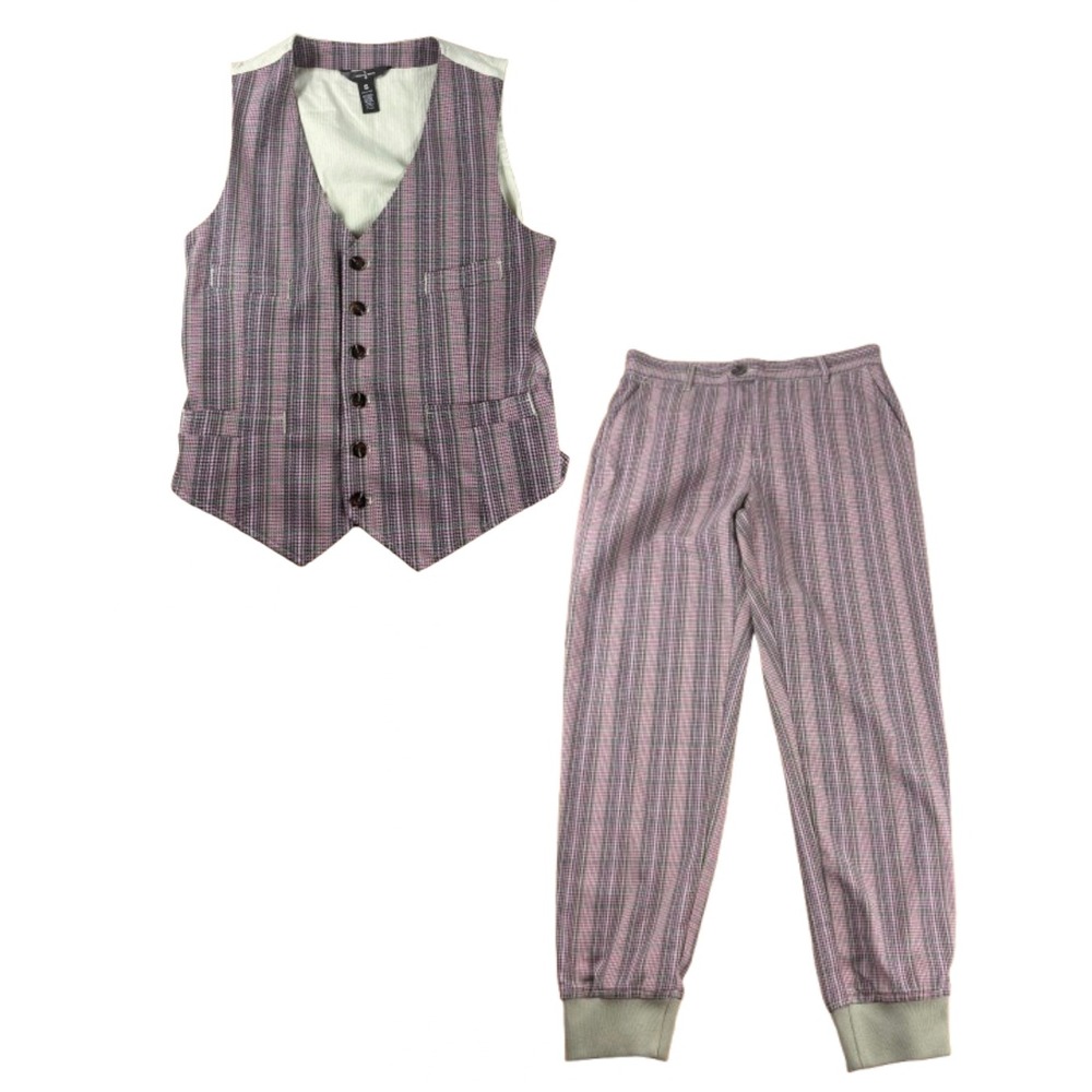 Houston White Mens 2-Piece Vest and Jogger Pant Set Pink Brown Plaid Size Small